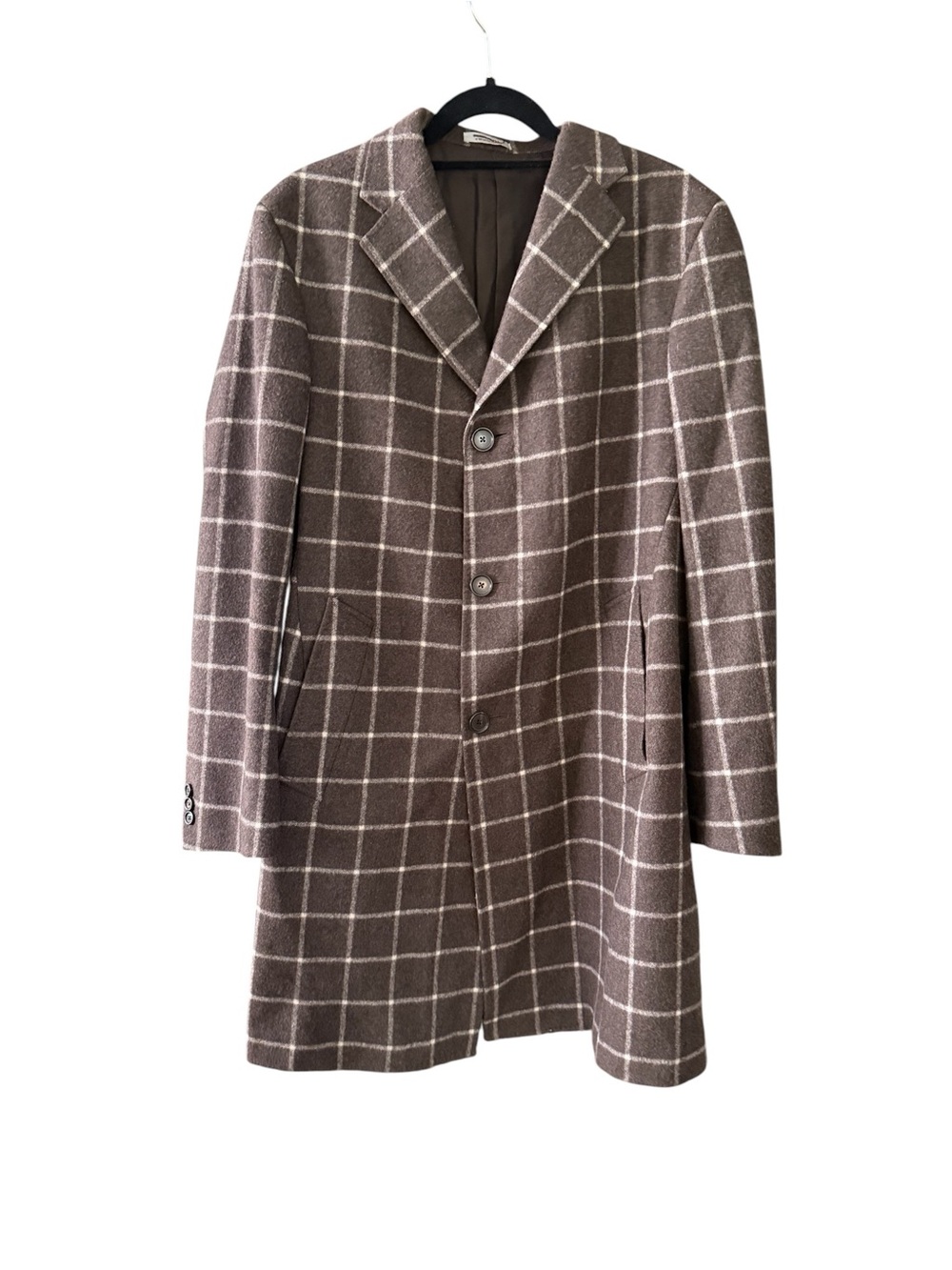Hickey Freeman Archer Wool Overcoat Brown Windowpane 40R Made USA Union Made